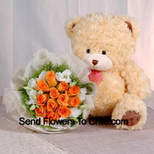 11 Roses Orange avec un mignon ours en peluche