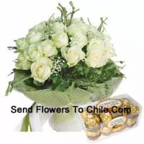 Bunch Of 19 White Roses With Seasonal Fillers Along With 16 Pcs Ferrero Rochers