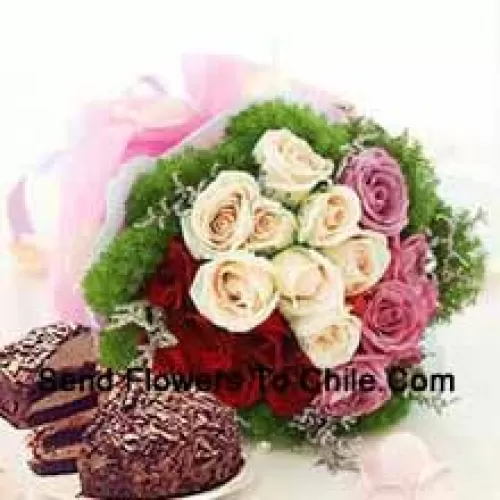 Bunch Of 9 Pink, 8 White And 8 Red Roses With Seasonal Fillers Accompanied With A 1 Lb. (1/2 Kg) Black Forest Cake