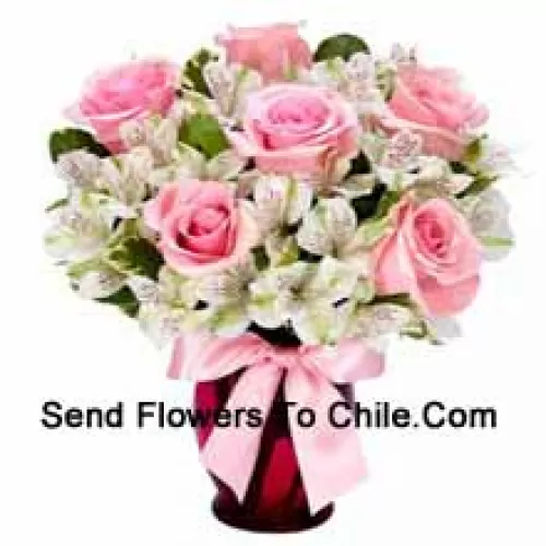 Pink Roses And White Alstroemeria Arrannged Beautifully In A Glass Vase