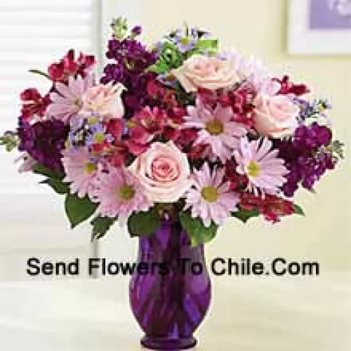 Pink Roses, Pink Gerberas And Other Assorted Flowers Arranged Beautifully In A Glass Vase -- 25 Stems And Fillers