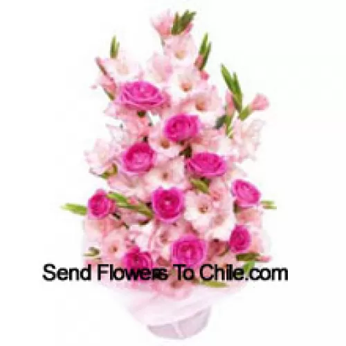 Basket Of Pink Roses And Gladiolus