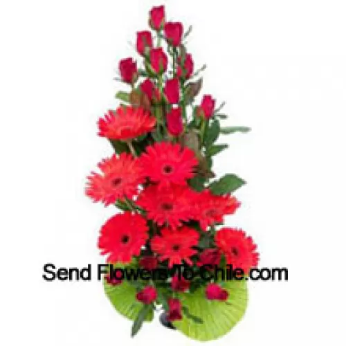 Basket Of Red Roses And Red Gerberas