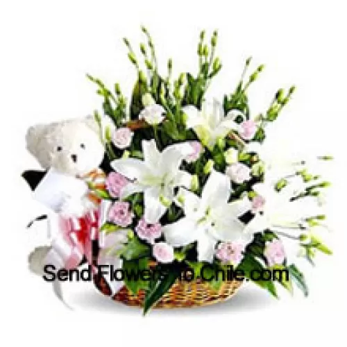 Basket Of Lilies And Carnations Accompanied With A Cute White Teddy Bear