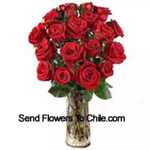 19 Red Roses With Some Ferns In A Vase