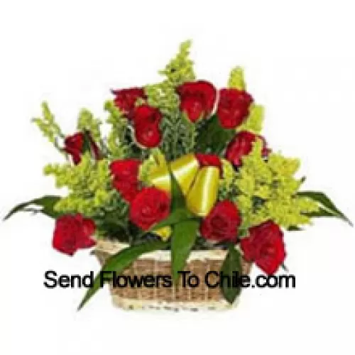 Basket Of 19 Red Roses With Seasonal Fillers