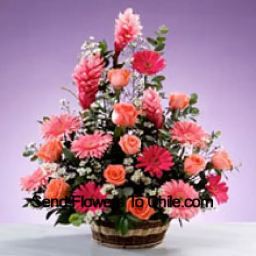 Basket Of Assorted Flowers Including Gerberas, Roses and Seasonal Fillers