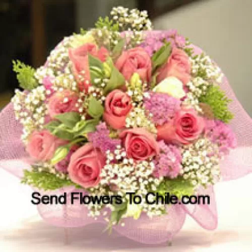 Bunch Of 11 Pink Roses With Fillers