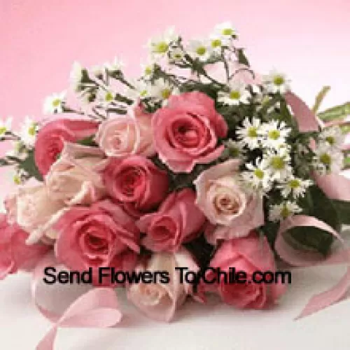 Bunch Of 11 Pink Roses With Purple Statice