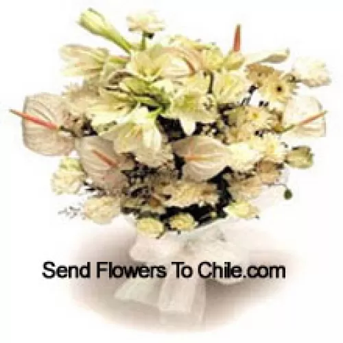 Bunch Of White Lilies, White Anthuriums, White Carnations And White Roses With Seasonal Fillers