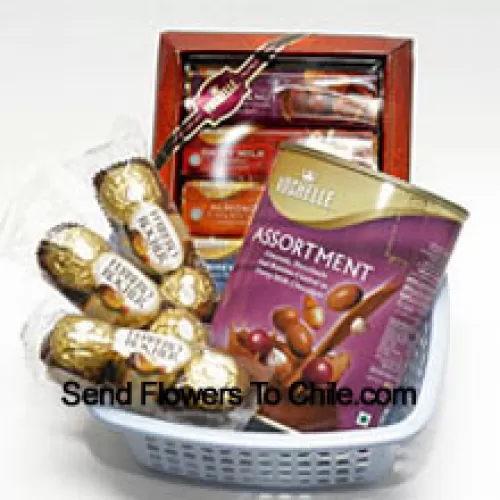 3 Small Packs Of 3 Pcs Ferrero Rocher Accompanied With Two Boxes Of Imported Vochelle Chocolate (This Product Needs To Be Accompanied With The Flowers. Also Note That We Will Replace Vochelle With Any Other Chocolates Of Equal Value In Case Of Non-Availability)