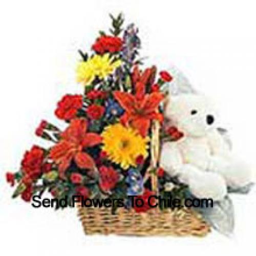 Basket of Assorted Flowers with Teddy Bear