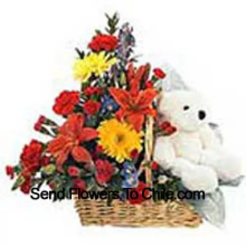 Basket Of Assorted Flowers With A Cute Teddy Bear