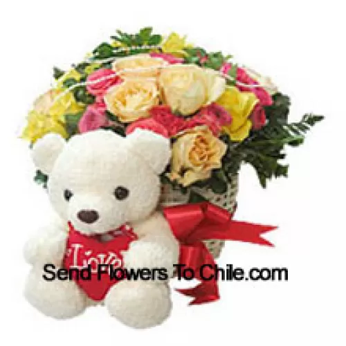 Basket Of 25 Mixed Colored Roses With A Medium Sized Cute Teddy Bear