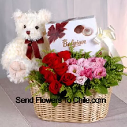 Basket Of Red And Pink Roses, A Box Of Chooclate And A Cute Teddy Bear