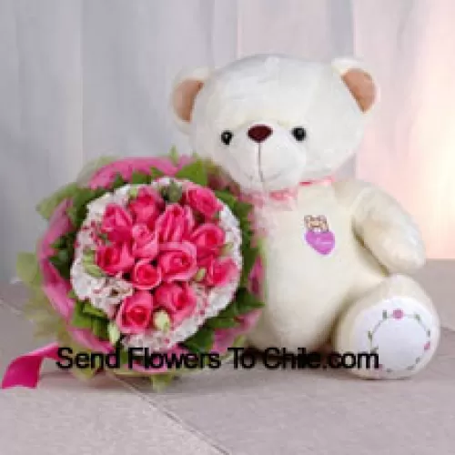 Bouquet aus 11 pinkfarbenen Rosen und einem mittelgroßen niedlichen Teddybär