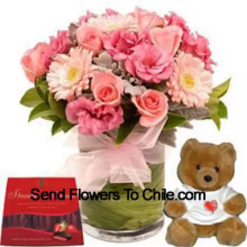 Assorted Flowers In A Vase, A Cute Teddy Bear And A Box Of Chocolate