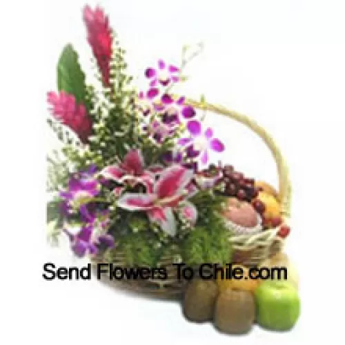 Basket Of 4 Kg (8.8 Lbs) Assorted Fresh Fruit Basket With Assorted Flowers