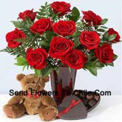 Orso di peluche da 10 pollici con scatola di cioccolatini e 11 rose rosse