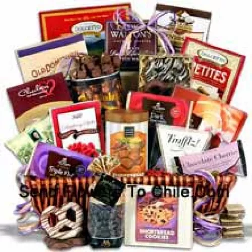 Valentijn Geschenkmand met fantasie truffels, triple chocolate bliss koekjes, chocolade amandel pecannoten crunch, chocolade bedekte kersen, een handtekening pure chocoladereep, framboos pure chocolade stokjes, chocolade bedekte toffee pinda's, chocolade gedoopte Beierse pretzels, chocolade brok shortbread koekjes, chocolade amandel boter crunch, chocolade wafel vierkantjes, chocolade shortbread koekjes, chocolade truffels, pure chocolade bedekte rozijnen, Engelse toffee, chocolade wafelrol, en een triple noten chocoladereep. Een geweldige selectie en de beste kwaliteit maken deze best verkochte chocolade geschenkmand een echte blikvanger! (Houd er rekening mee dat wij het recht voorbehouden om een product te vervangen door een geschikt product van gelijke waarde in geval van niet-beschikbaarheid van een bepaald product)