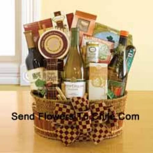 Esta Canasta de Regalo contiene tres botellas distintas de vino (Chardonnay, Sauvignon Blanc y Cabernet). También incluye galletas de té inglés, queso, galletas wafer Dolcetto, almendras ahumadas de California, galletas focaccia, salami, mostaza de Napa Valley, biscotti y cuadrados de chocolate Ghirardelli. (El contenido de la canasta, incluyendo el vino, puede variar según la temporada y el lugar de entrega. En caso de no disponibilidad de cierto producto, lo sustituiremos por un producto de igual o mayor valor)